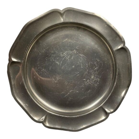 Vintage 11.75” Pewter Decorative Plate Round Scalloped Edge Serving MCM Medieval - Picture 1 of 3